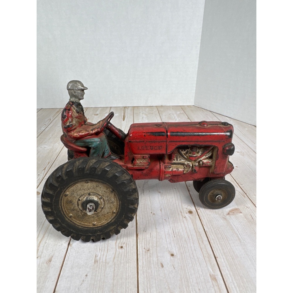 Vintage Auburn Rubber Co Red Tractor Toy w Driver Figure USA 8 Inch